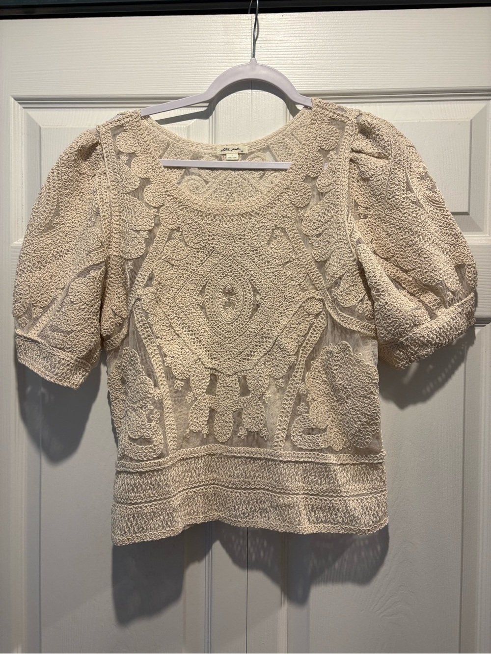 Womens puff sleeve crochet mesh lace cream top boho cottagecore feminine sz S